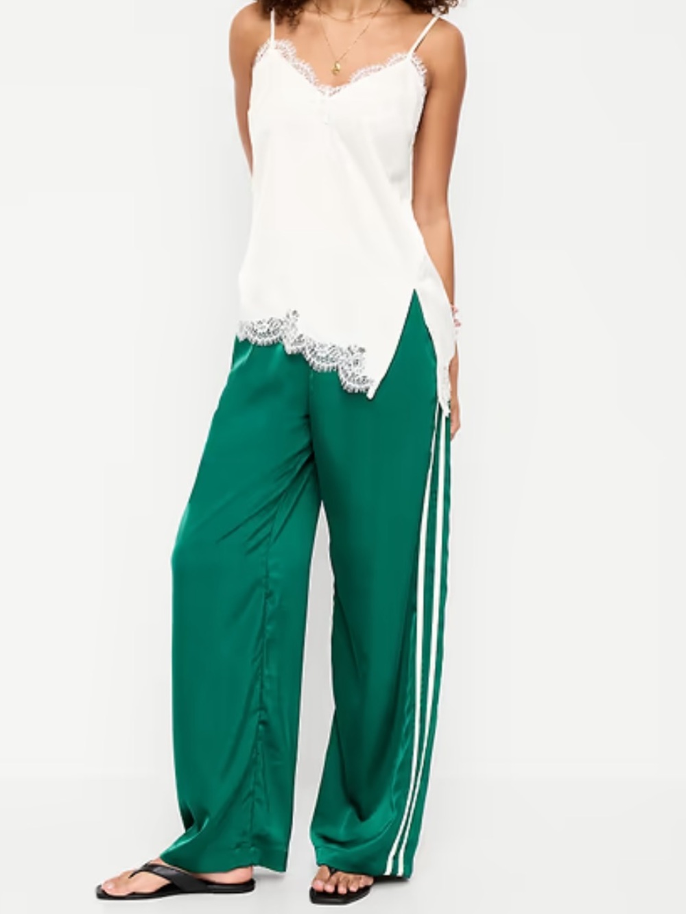 Old Navy Emerald Green Satin Track Pants with White Side Stripes